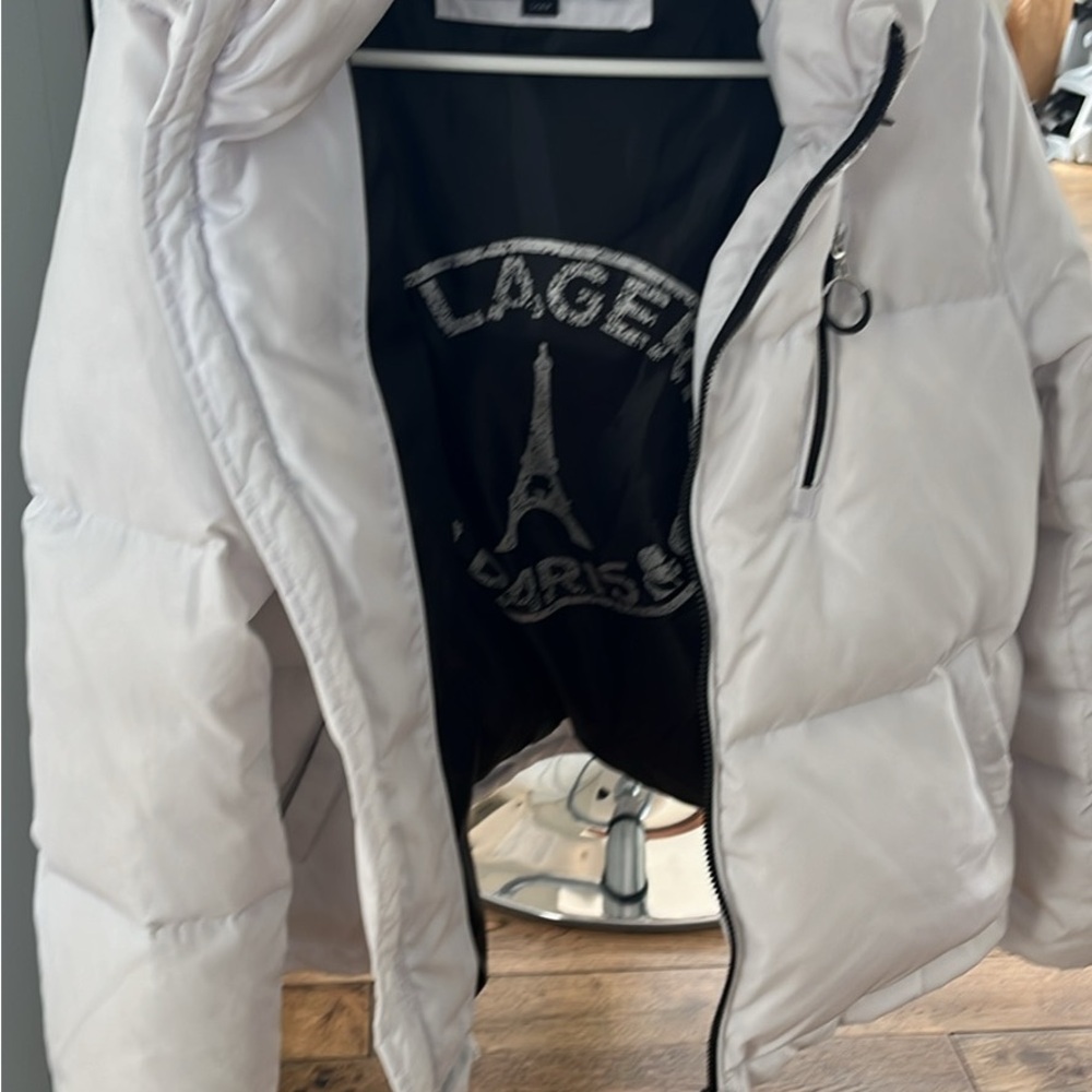 Karl Lagerfeld White Puffer Jacket with Black Graphic Tee